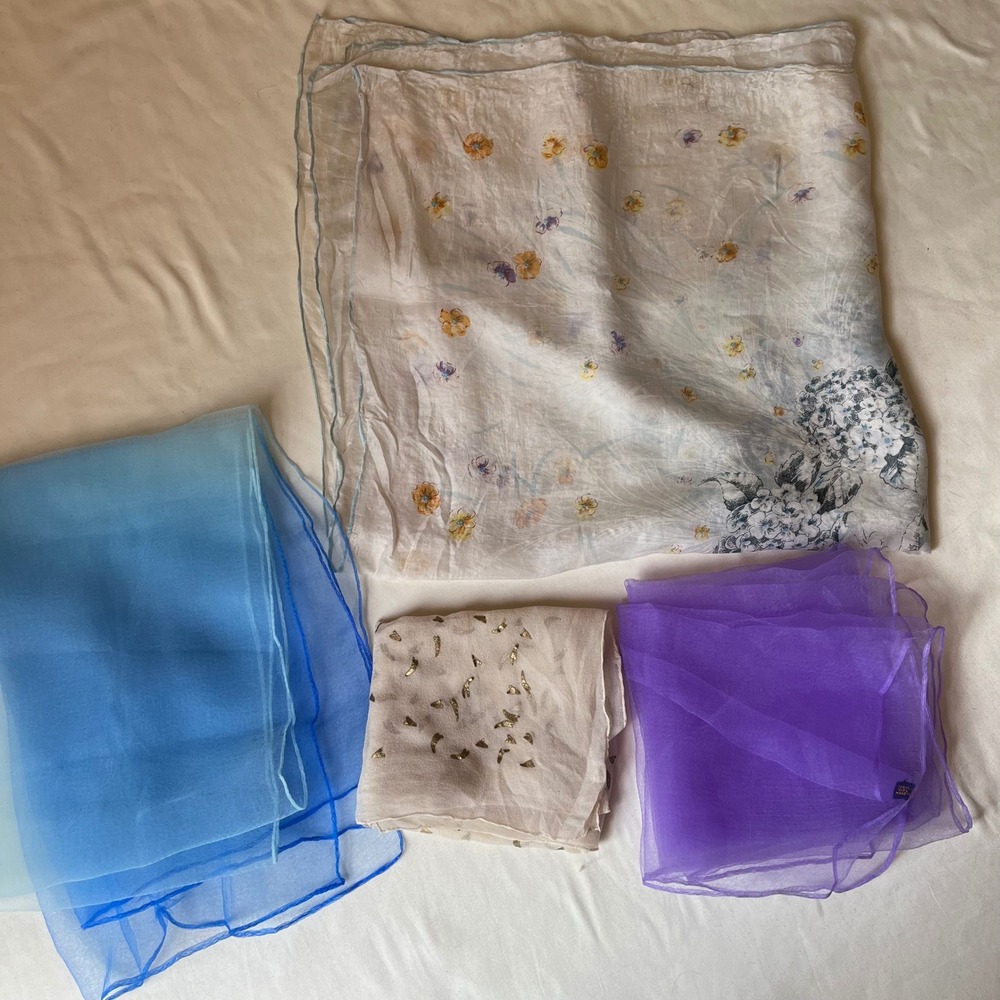 Lot of 4 Vintage 1960s Sheer Scarves Floral Purple Blue Gold Rayon Nylon